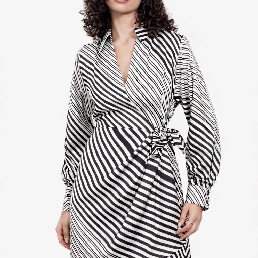 Mango Black and White Striped Wrap Dress